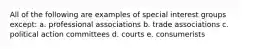 All of the following are examples of special interest groups except: a. professional associations b. trade associations c. political action committees d. courts e. consumerists