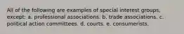 All of the following are examples of special interest groups, except: a. professional associations. b. trade associations. c. political action committees. d. courts. e. consumerists.