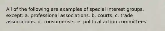 All of the following are examples of special <a href='https://www.questionai.com/knowledge/kiXYXLKJmH-interest-groups' class='anchor-knowledge'>interest groups</a>, except: a. professional associations. b. courts. c. trade associations. d. consumerists. e. political action committees.