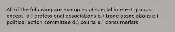 All of the following are examples of special interest groups except: a.) professional associations b.) trade associations c.) political action committee d.) courts e.) consumerists