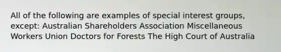 All of the following are examples of special interest groups, except: Australian Shareholders Association Miscellaneous Workers Union Doctors for Forests The High Court of Australia