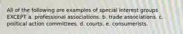 All of the following are examples of special interest groups EXCEPT a. professional associations. b. trade associations. c. political action committees. d. courts. e. consumerists.