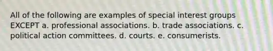 All of the following are examples of special interest groups EXCEPT a. professional associations. b. trade associations. c. political action committees. d. courts. e. consumerists.