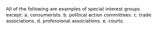 All of the following are examples of special interest groups except: a. consumerists. b. political action committees. c. trade associations. d. professional associations. e. courts.