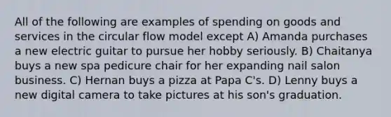 All of the following are examples of spending on goods and services in the circular flow model except A) Amanda purchases a new electric guitar to pursue her hobby seriously. B) Chaitanya buys a new spa pedicure chair for her expanding nail salon business. C) Hernan buys a pizza at Papa C's. D) Lenny buys a new digital camera to take pictures at his son's graduation.