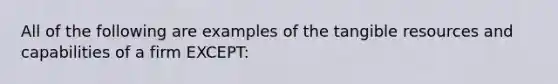 All of the following are examples of the tangible resources and capabilities of a firm EXCEPT: