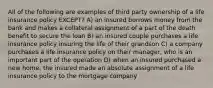 All of the following are examples of third party ownership of a life insurance policy EXCEPT? A) an insured borrows money from the bank and makes a collateral assignment of a part of the death benefit to secure the loan B) an insured couple purchases a life insurance policy insuring the life of their grandson C) a company purchases a life insurance policy on their manager, who is an important part of the operation D) when an insured purchased a new home, the insured made an absolute assignment of a life insurance policy to the mortgage company