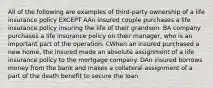 All of the following are examples of third-party ownership of a life insurance policy EXCEPT AAn insured couple purchases a life insurance policy insuring the life of their grandson. BA company purchases a life insurance policy on their manager, who is an important part of the operation. CWhen an insured purchased a new home, the insured made an absolute assignment of a life insurance policy to the mortgage company. DAn insured borrows money from the bank and makes a collateral assignment of a part of the death benefit to secure the loan.