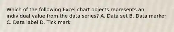 Which of the following Excel chart objects represents an individual value from the data series? A. Data set B. Data marker C. Data label D. Tick mark