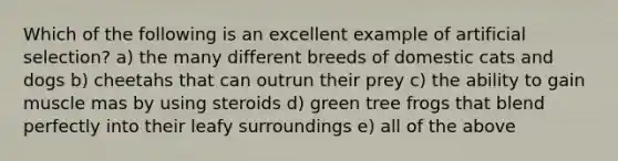 Which of the following is an excellent example of artificial selection? a) the many different breeds of domestic cats and dogs b) cheetahs that can outrun their prey c) the ability to gain muscle mas by using steroids d) green tree frogs that blend perfectly into their leafy surroundings e) all of the above