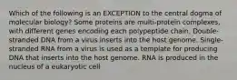 Which of the following is an EXCEPTION to the central dogma of molecular biology? Some proteins are multi-protein complexes, with different genes encoding each polypeptide chain. Double-stranded DNA from a virus inserts into the host genome. Single-stranded RNA from a virus is used as a template for producing DNA that inserts into the host genome. RNA is produced in the nucleus of a eukaryotic cell