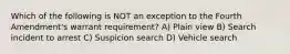 Which of the following is NOT an exception to the Fourth Amendment's warrant requirement? A) Plain view B) Search incident to arrest C) Suspicion search D) Vehicle search