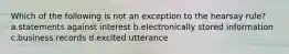 Which of the following is not an exception to the hearsay rule? a.statements against interest b.electronically stored information c.business records d.excited utterance