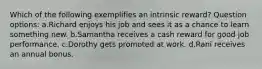 Which of the following exemplifies an intrinsic reward? Question options: a.Richard enjoys his job and sees it as a chance to learn something new. b.Samantha receives a cash reward for good job performance. c.Dorothy gets promoted at work. d.Rani receives an annual bonus.