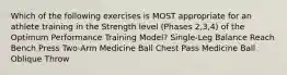 Which of the following exercises is MOST appropriate for an athlete training in the Strength level (Phases 2,3,4) of the Optimum Performance Training Model? Single-Leg Balance Reach Bench Press Two-Arm Medicine Ball Chest Pass Medicine Ball Oblique Throw