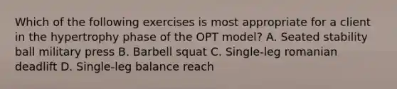 Which of the following exercises is most appropriate for a client in the hypertrophy phase of the OPT model? A. Seated stability ball military press B. Barbell squat C. Single-leg romanian deadlift D. Single-leg balance reach