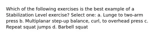 Which of the following exercises is the best example of a Stabilization Level exercise? Select one: a. Lunge to two-arm press b. Multiplanar step-up balance, curl, to overhead press c. Repeat squat jumps d. Barbell squat