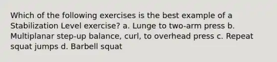 Which of the following exercises is the best example of a Stabilization Level exercise? a. Lunge to two-arm press b. Multiplanar step-up balance, curl, to overhead press c. Repeat squat jumps d. Barbell squat