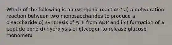 Which of the following is an exergonic reaction? a) a dehydration reaction between two monosaccharides to produce a disaccharide b) synthesis of ATP from ADP and i c) formation of a peptide bond d) hydrolysis of glycogen to release glucose monomers