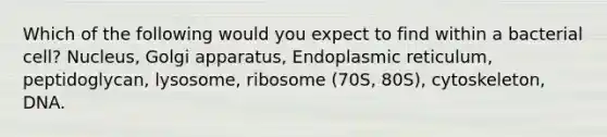 Which of the following would you expect to find within a bacterial cell? Nucleus, Golgi apparatus, Endoplasmic reticulum, peptidoglycan, lysosome, ribosome (70S, 80S), cytoskeleton, DNA.