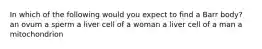 In which of the following would you expect to find a Barr body? an ovum a sperm a liver cell of a woman a liver cell of a man a mitochondrion
