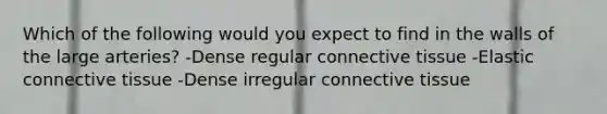 Which of the following would you expect to find in the walls of the large arteries? -Dense regular connective tissue -Elastic connective tissue -Dense irregular connective tissue