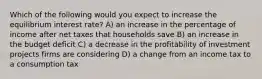 Which of the following would you expect to increase the equilibrium interest rate? A) an increase in the percentage of income after net taxes that households save B) an increase in the budget deficit C) a decrease in the profitability of investment projects firms are considering D) a change from an income tax to a consumption tax