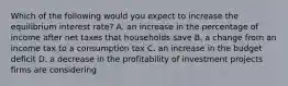 Which of the following would you expect to increase the equilibrium interest rate? A. an increase in the percentage of income after net taxes that households save B. a change from an income tax to a consumption tax C. an increase in the budget deficit D. a decrease in the profitability of investment projects firms are considering