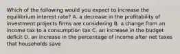 Which of the following would you expect to increase the equilibrium interest rate? A. a decrease in the proﬁtability of investment projects ﬁrms are considering B. a change from an income tax to a consumption tax C. an increase in the budget deﬁcit D. an increase in the percentage of income after net taxes that households save