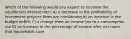 Which of the following would you expect to increase the equilibrium interest rate? A) a decrease in the profitability of investment projects firms are considering B) an increase in the budget deficit C) a change from an income tax to a consumption tax D) an increase in the percentage of income after net taxes that households save