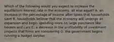 Which of the following would you expect to increase the equilibrium interest rate in the economy, all else equal? A. an increase in the percentage of income after taxes that households save B. households believe that the economy will undergo an expansion and begin spending more on large purchases like houses and cars C. a decrease in the profitability of investment projects that firms are considering D. the government begins running a budget surplus