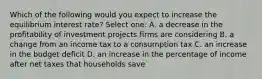 Which of the following would you expect to increase the equilibrium interest rate? Select one: A. a decrease in the profitability of investment projects firms are considering B. a change from an income tax to a consumption tax C. an increase in the budget deficit D. an increase in the percentage of income after net taxes that households save