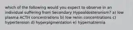 which of the following would you expect to observe in an individual suffering from Secondary Hypoaldosteronism? a) low plasma ACTH concentrations b) low renin concentrations c) hypertension d) hyperpigmentation e) hypernatremia