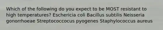 Which of the following do you expect to be MOST resistant to high temperatures? Eschericia coli Bacillus subtilis Neisseria gonorrhoeae Streptococcocus pyogenes Staphylococcus aureus