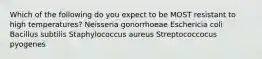 Which of the following do you expect to be MOST resistant to high temperatures? Neisseria gonorrhoeae Eschericia coli Bacillus subtilis Staphylococcus aureus Streptococcocus pyogenes