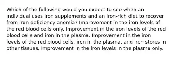 Which of the following would you expect to see when an individual uses iron supplements and an iron-rich diet to recover from iron-deficiency anemia? Improvement in the iron levels of the red blood cells only. Improvement in the iron levels of the red blood cells and iron in the plasma. Improvement in the iron levels of the red blood cells, iron in the plasma, and iron stores in other tissues. Improvement in the iron levels in the plasma only.