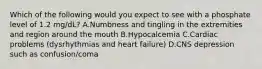 Which of the following would you expect to see with a phosphate level of 1.2 mg/dL? A.Numbness and tingling in the extremities and region around the mouth B.Hypocalcemia C.Cardiac problems (dysrhythmias and heart failure) D.CNS depression such as confusion/coma