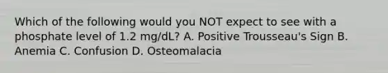 Which of the following would you NOT expect to see with a phosphate level of 1.2 mg/dL? A. Positive Trousseau's Sign B. Anemia C. Confusion D. Osteomalacia