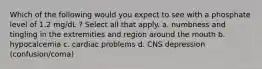 Which of the following would you expect to see with a phosphate level of 1.2 mg/dL ? Select all that apply. a. numbness and tingling in the extremities and region around the mouth b. hypocalcemia c. cardiac problems d. CNS depression (confusion/coma)