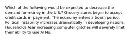 Which of the following would be expected to decrease the demand for money in the U.S.? Grocery stores begin to accept credit cards in payment. The economy enters a boom period. Political instability increases dramatically in developing nations. Households fear increasing computer glitches will severely limit their ability to use ATMs.