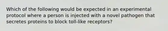 Which of the following would be expected in an experimental protocol where a person is injected with a novel pathogen that secretes proteins to block toll-like receptors?