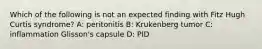 Which of the following is not an expected finding with Fitz Hugh Curtis syndrome? A: peritonitis B: Krukenberg tumor C: inflammation Glisson's capsule D: PID