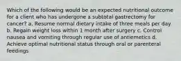 Which of the following would be an expected nutritional outcome for a client who has undergone a subtotal gastrectomy for cancer? a. Resume normal dietary intake of three meals per day b. Regain weight loss within 1 month after surgery c. Control nausea and vomiting through regular use of antiemetics d. Achieve optimal nutritional status through oral or parenteral feedings