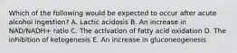 Which of the following would be expected to occur after acute alcohol ingestion? A. Lactic acidosis B. An increase in NAD/NADH+ ratio C. The activation of fatty acid oxidation D. The inhibition of ketogenesis E. An increase in gluconeogenesis