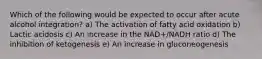 Which of the following would be expected to occur after acute alcohol integration? a) The activation of fatty acid oxidation b) Lactic acidosis c) An increase in the NAD+/NADH ratio d) The inhibition of ketogenesis e) An increase in gluconeogenesis