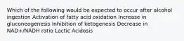 Which of the following would be expected to occur after alcohol ingestion Activation of fatty acid oxidation Increase in gluconeogenesis Inhibition of ketogenesis Decrease in NAD+/NADH ratio Lactic Acidosis