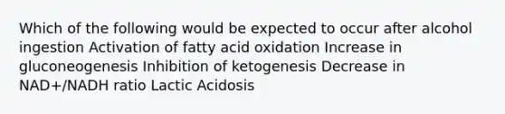 Which of the following would be expected to occur after alcohol ingestion Activation of fatty acid oxidation Increase in gluconeogenesis Inhibition of ketogenesis Decrease in NAD+/NADH ratio Lactic Acidosis