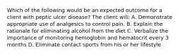 Which of the following would be an expected outcome for a client with peptic ulcer disease? The client will: A. Demonstrate appropriate use of analgesics to control pain. B. Explain the rationale for eliminating alcohol from the diet C. Verbalize the importance of monitoring hemoglobin and hematocrit every 3 months D. Eliminate contact sports from his or her lifestyle