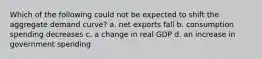 Which of the following could not be expected to shift the aggregate demand curve? a. net exports fall b. consumption spending decreases c. a change in real GDP d. an increase in government spending