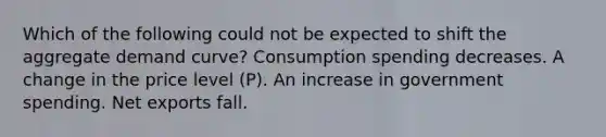 Which of the following could not be expected to shift the aggregate demand curve? Consumption spending decreases. A change in the price level (P). An increase in government spending. Net exports fall.